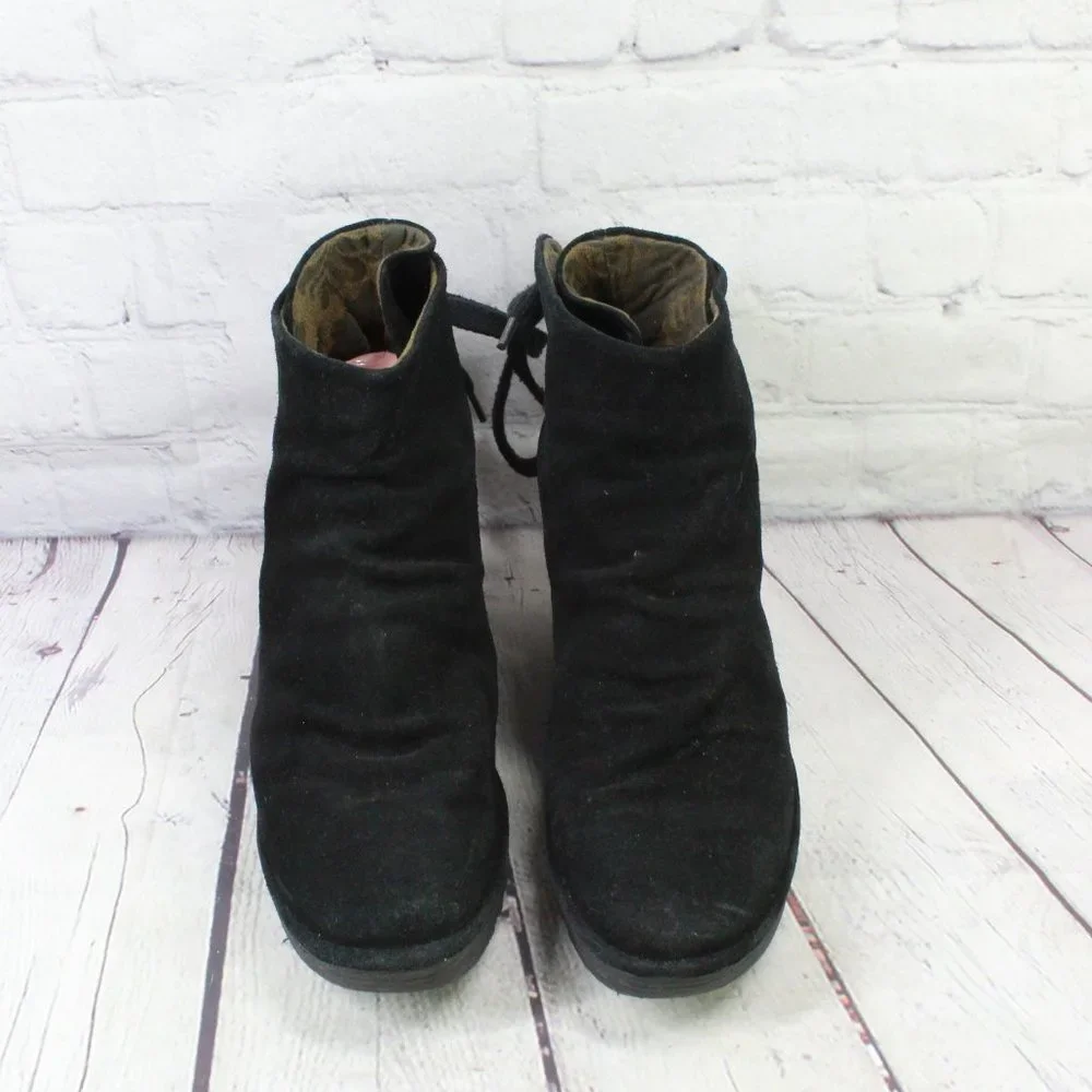 FLY London Yama Black Suede Wedge Ankle Bootie Boot Size 40 US 10 - Picture 5 of 9